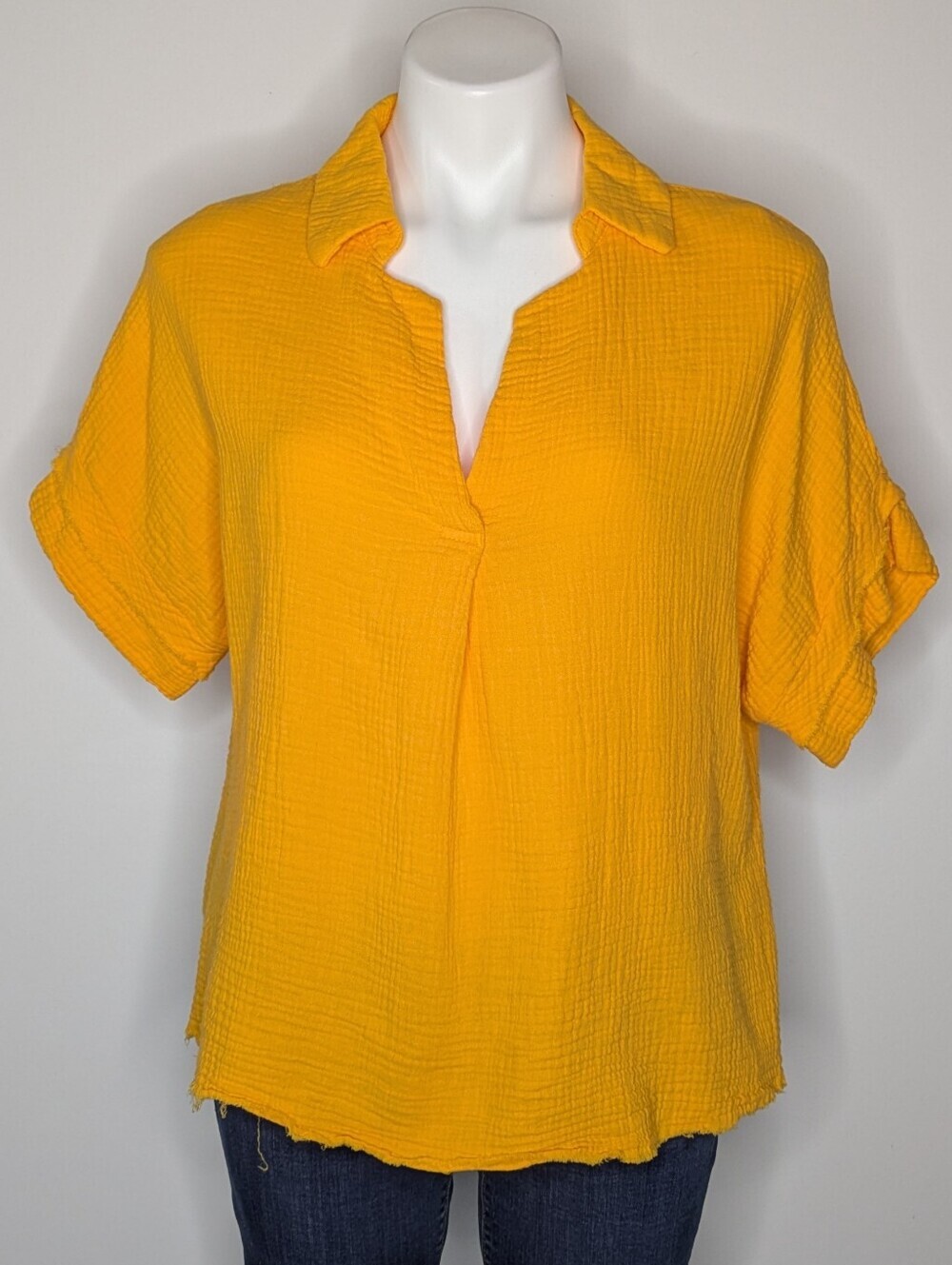 Kaktus Mustard Yellow Collared Short Sleeve Cotton Top L